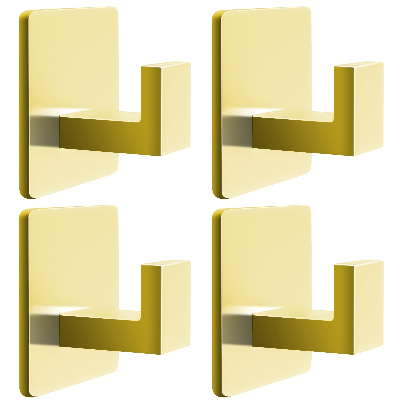 Menbyci Gold 4 Pack Self Adhesive Wall Hooks,Stainless Steel Stick On Towel Hook,Sturdy No Drilling Robe Hook,Heavy Duty Clothes Hanger Hook,Square Wall Hooks for Bathroom Bedroom Kitchen