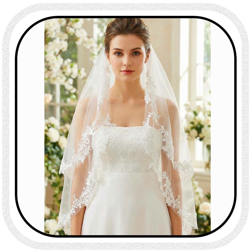 White Ribbon Trim Two Tier Fingertip Length Tulle Wedding Veil w/ Bow and Comb Two Tier Fingertip Wedding Veil, White Tulle Bridal Veil  main image 4