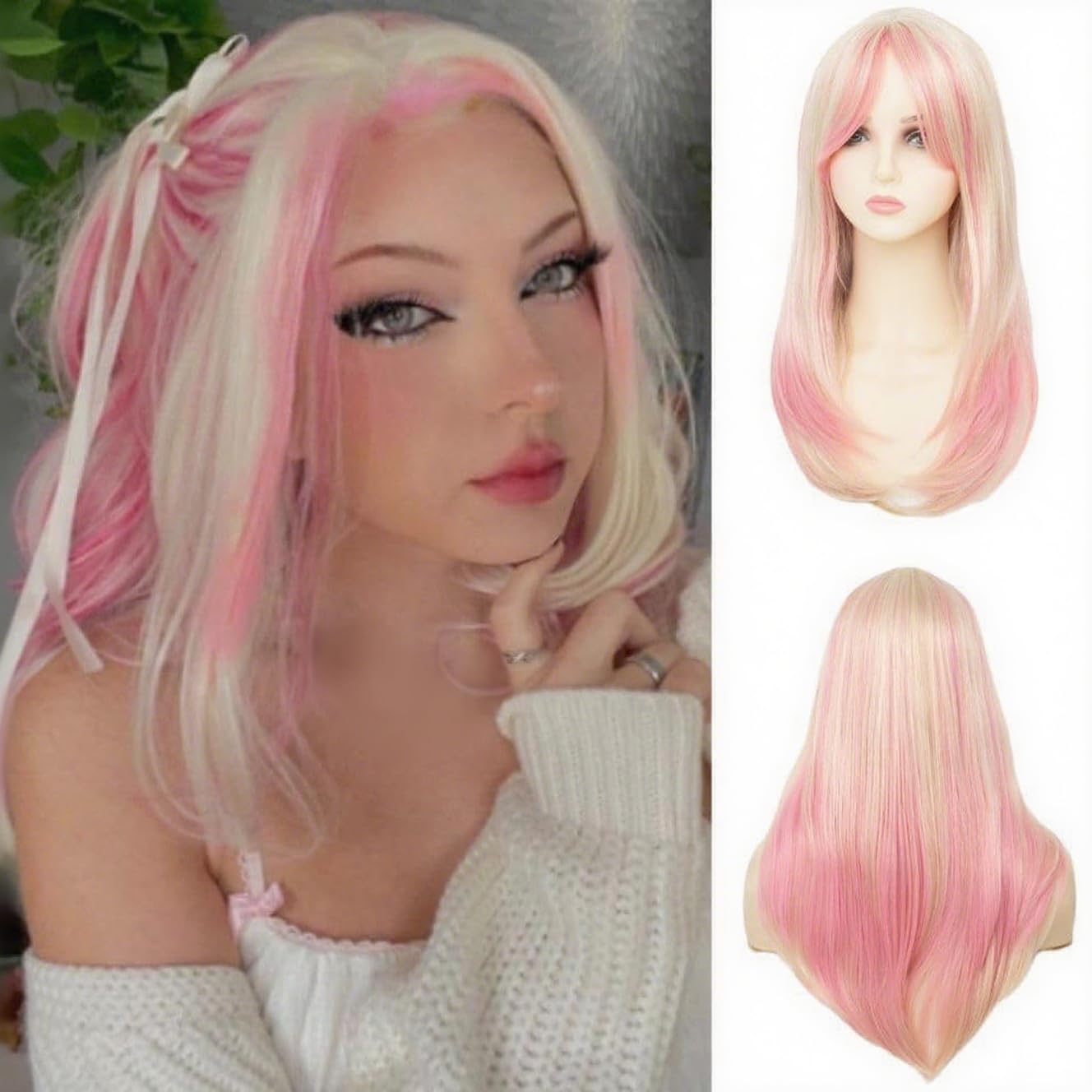 Salaibs Pink and Blonde Straight Long Wigs for Women Pink Middle Part Synthetic Fiber Hair Wig for Cosplay Costume Halloween Party Use