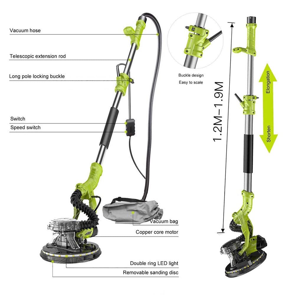 Lijadora De Pared De 810 W, Lijadora De Techo, Empuñadura Telescópica, Adaptador De Conexión, Retráctil, con Bolsa para El Polvo, Arranque Suave,Baremetal-Green