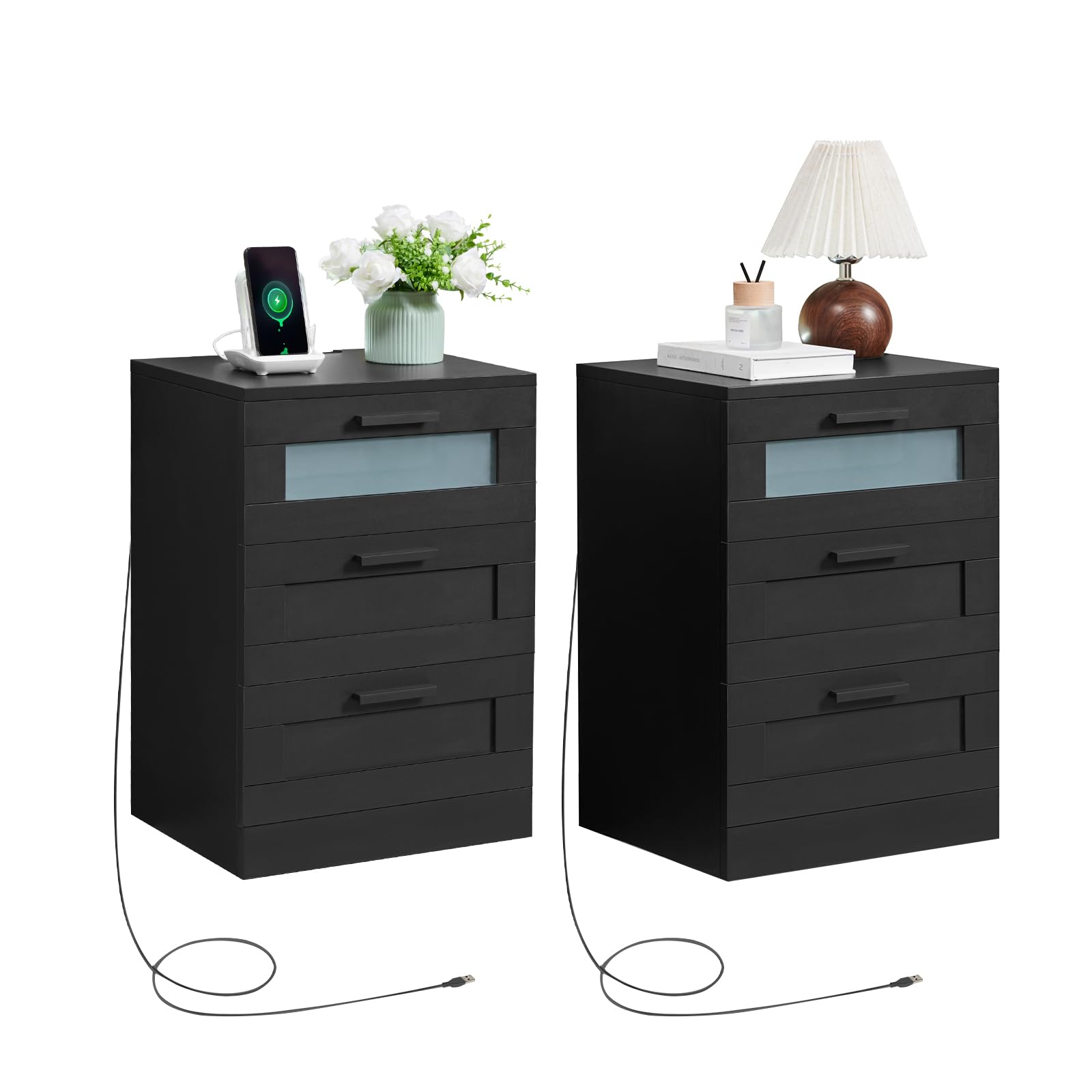 Mesitas de Noche con Luz LED, Mesa Auxiliar con 3 Cajones, Mesilla de Noche con Puerto USB y Type-C, para Dormitorio o Estudio, Moderno (2, Negro)