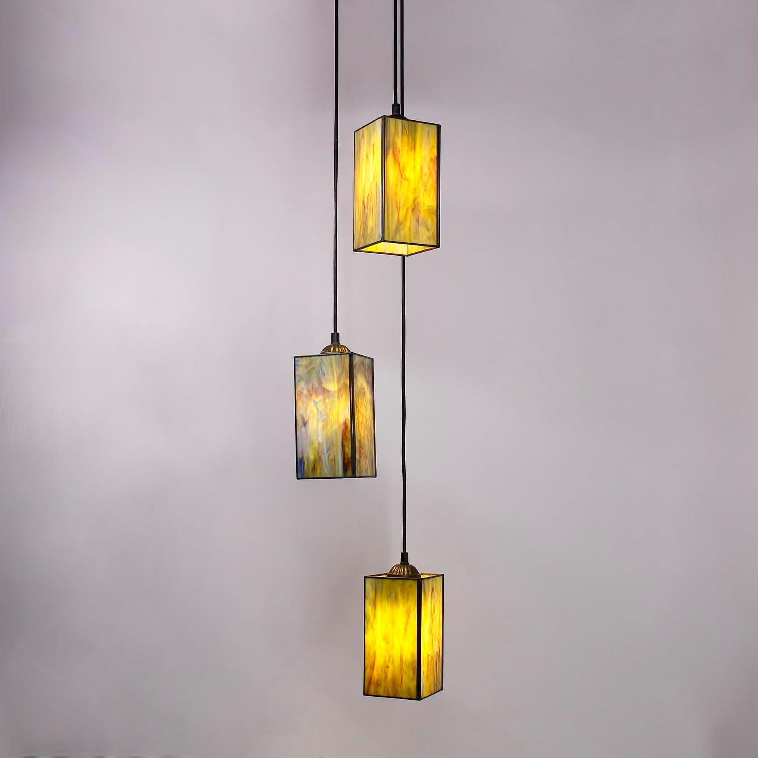3-Light Tiffany Pendant Light Stained Glass Yellow Green Hanging Lamp for Ceiling Dinning Room, Bedroom,Hallway