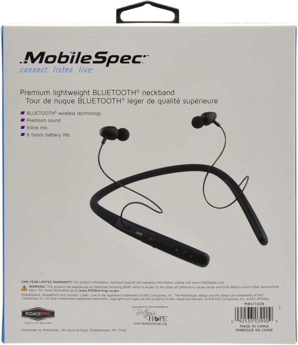 MobileSpec MBS11306 Premium Lightweight Bluetooth Neckband - Black