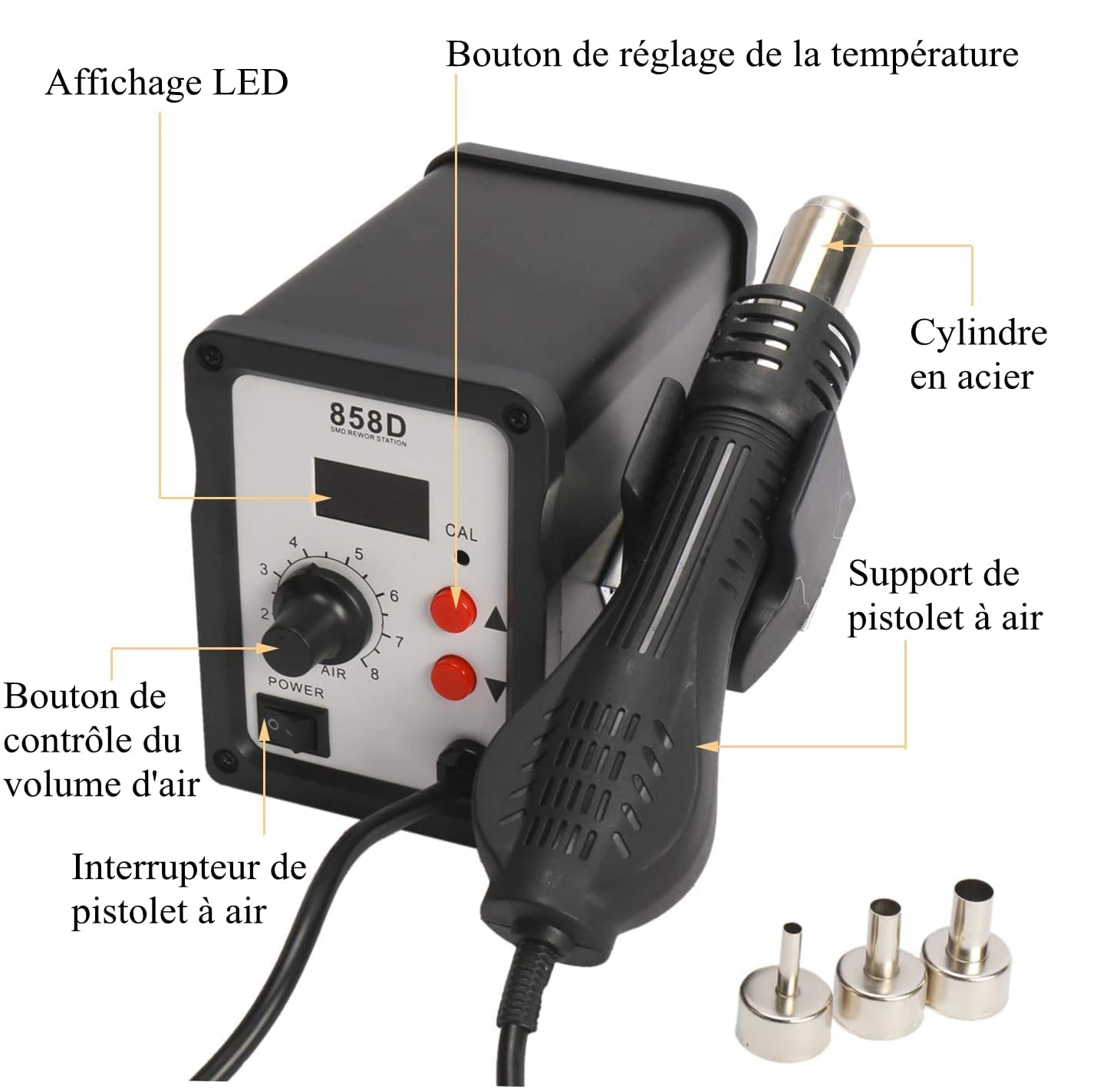 Yosoo Estación de soldadura de aire caliente Rework Station 858D SMD LED digital indicador de temperatura 100 ~ 450 °C 700 W con 3 boquillas de refrigeración y conversión de aire caliente