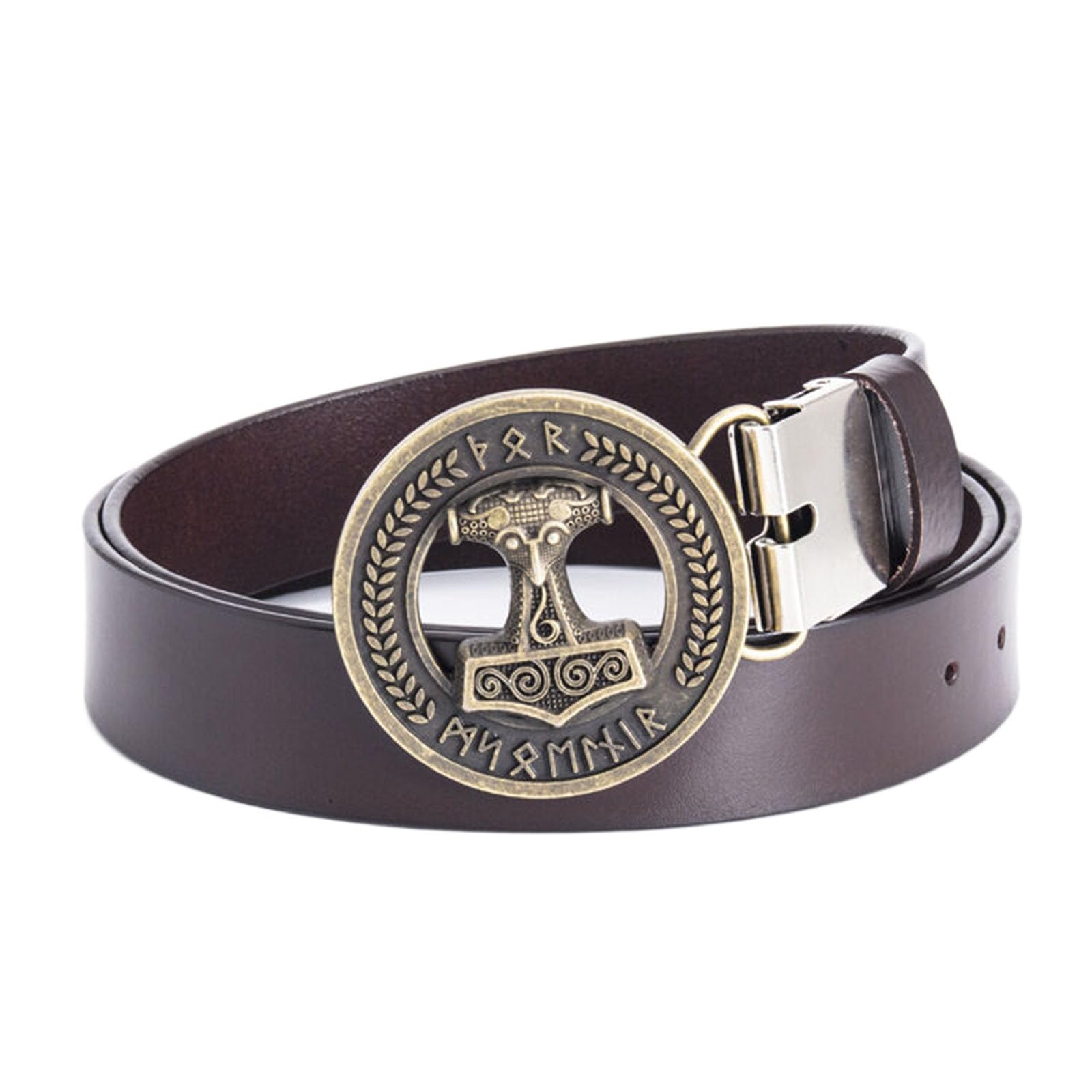 Jiary Men's Brown B Belt, Western Cowboy Belts For Leather Belt With Viking Thor's Hammer Pattern Round Alloy Buckle Vintage Belt,,115Cm/45.3''