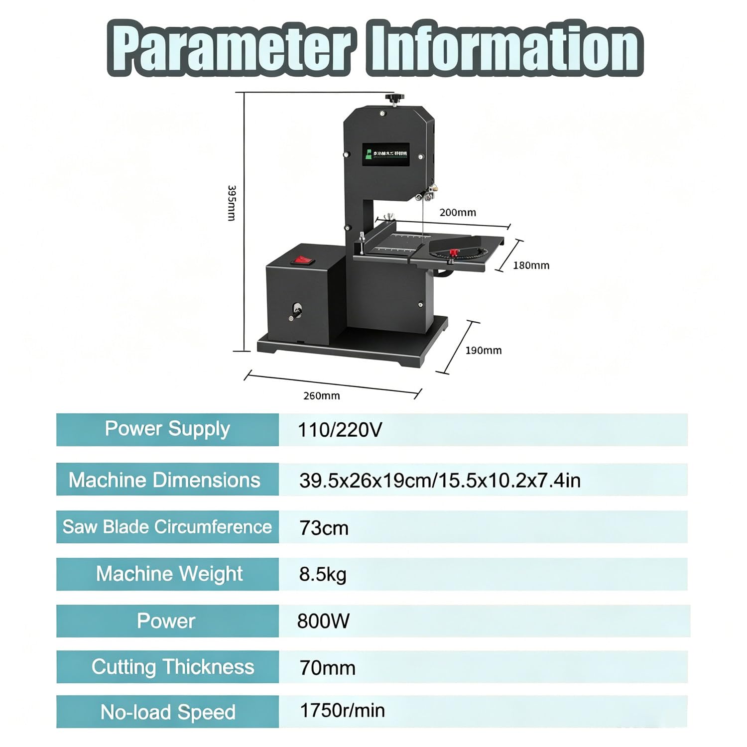 Sierra de Cinta de sobremesa Profesional para pequeños talleres, Motor de 800 W, Altura de Corte de 70 mm, Garganta de 90 mm/3,5 Pulgadas, Corte de Madera. Máquina
