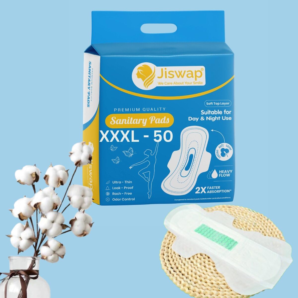 Ultra Thin Rash-Free Sanitary Pads for Women (Pack of 50) | XXXL Sizes | Leak-Proof, 2X Fast Absorption, Odor Control | Heavy Flow & Overnight Protection-image-24
