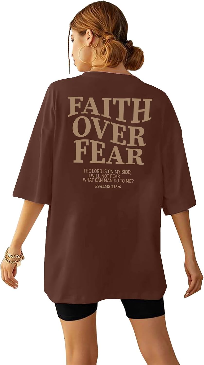 BANGELY Faith Over Fear Shirt Women Graphic Shirts Oversized Workout Gym Christian Religious Tees Drop Shoulder Tee Tops