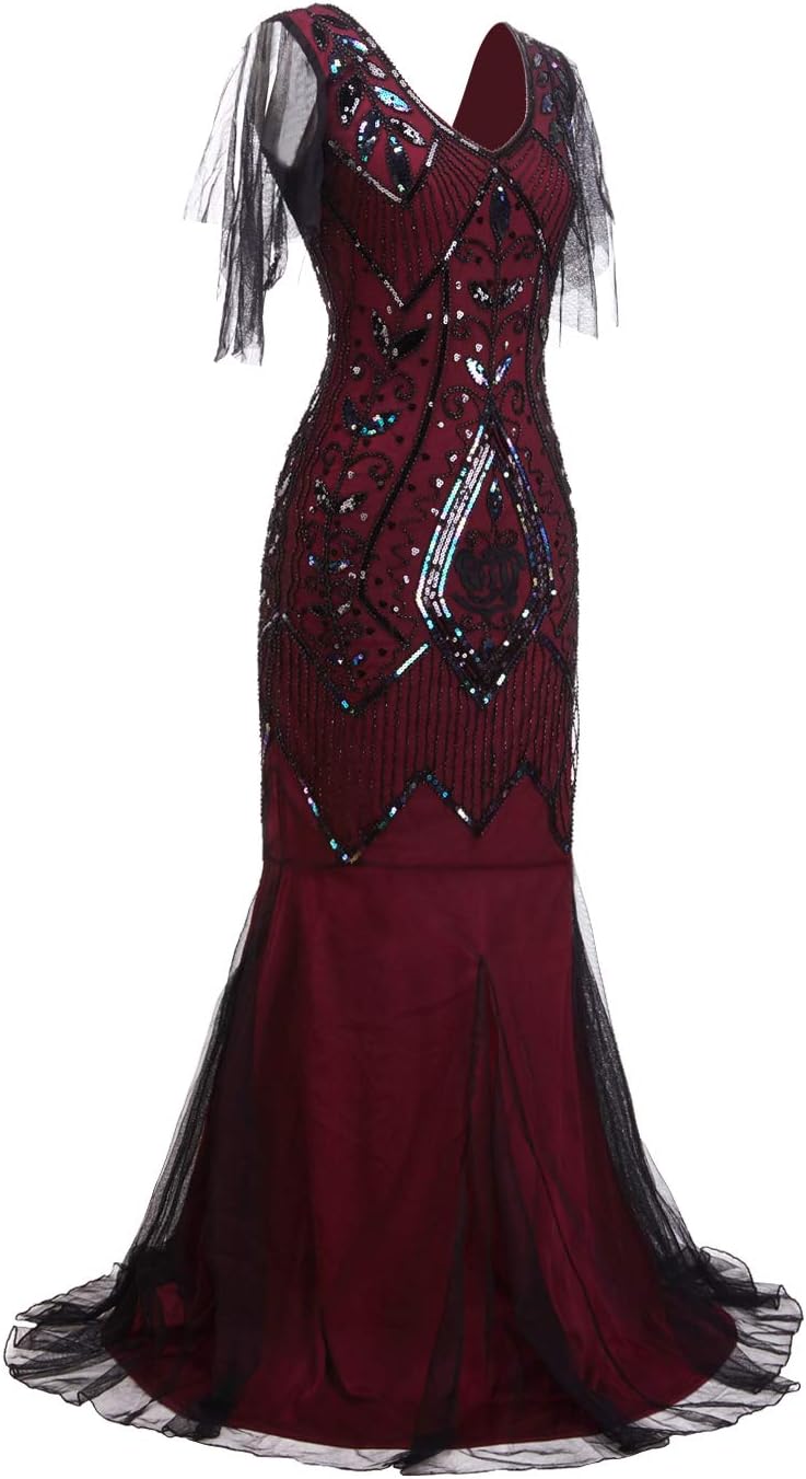 1920s Art Deco Sequin Maxi Dress, Vintage Flapper Gatsby Style, V-Neck with Tulle Sleeves, Long Evening Formal Gown - Image 8