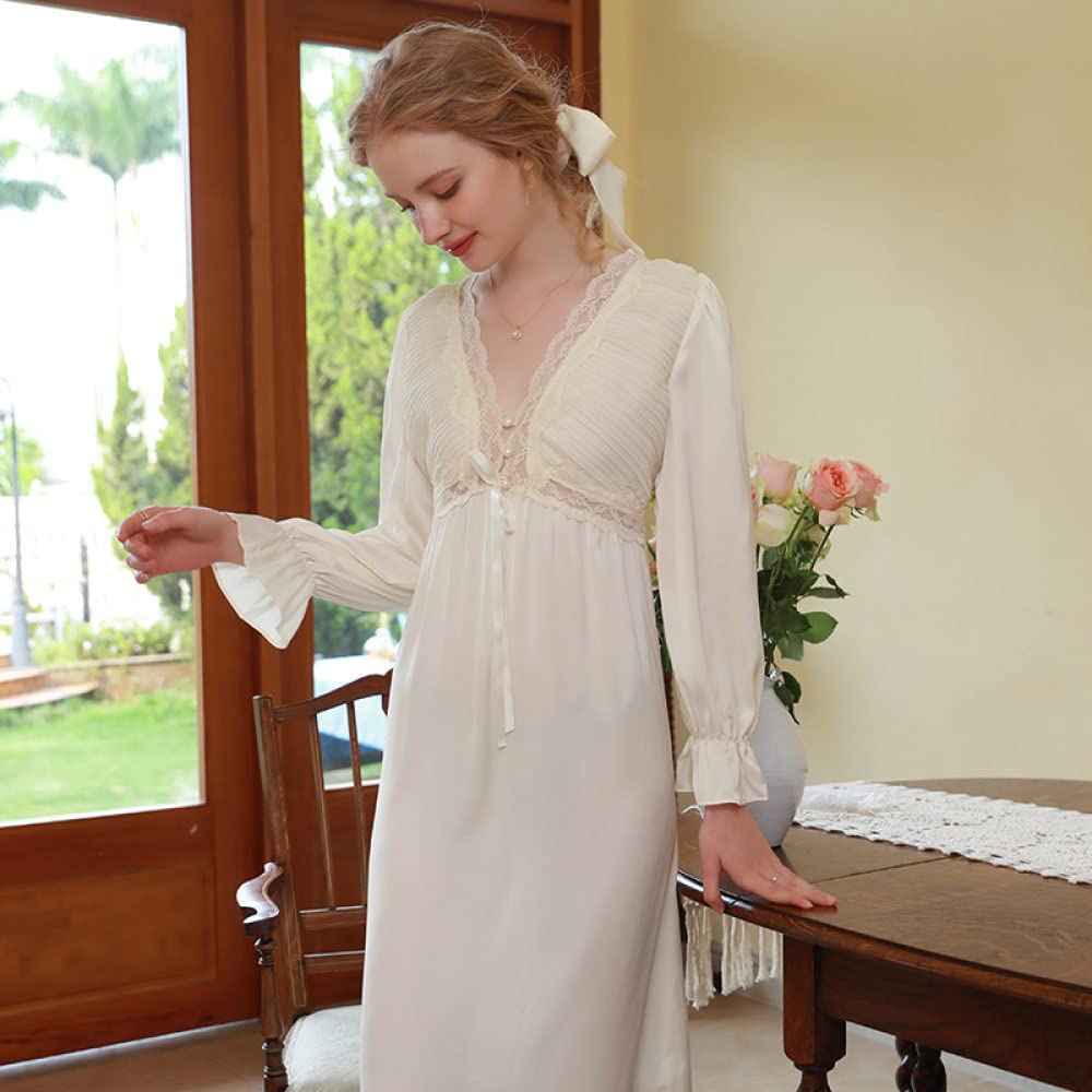 Nachthemd,Damen-Nachthemden, Beige, Satin, V-Ausschnitt, Hohle Spitze, Nähte Mit Knöpfen, Sexy Schlafhemd, Weiches, Bequemes, Langärmliges Nachthemd, Loungewear Für Damen, Mädchen, Pyjama-Party