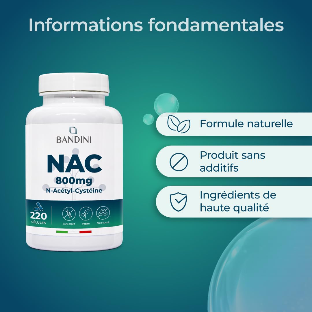 Bandini® NAC 800 mg par capsule | 220 gélules pour +7 mois | N-acétyl-L-cystéine | Haute biodisponibilité et tolérance | Antioxydant Hautement dosé, Qualité supérieure, 100% Végétalien, sans Additifs