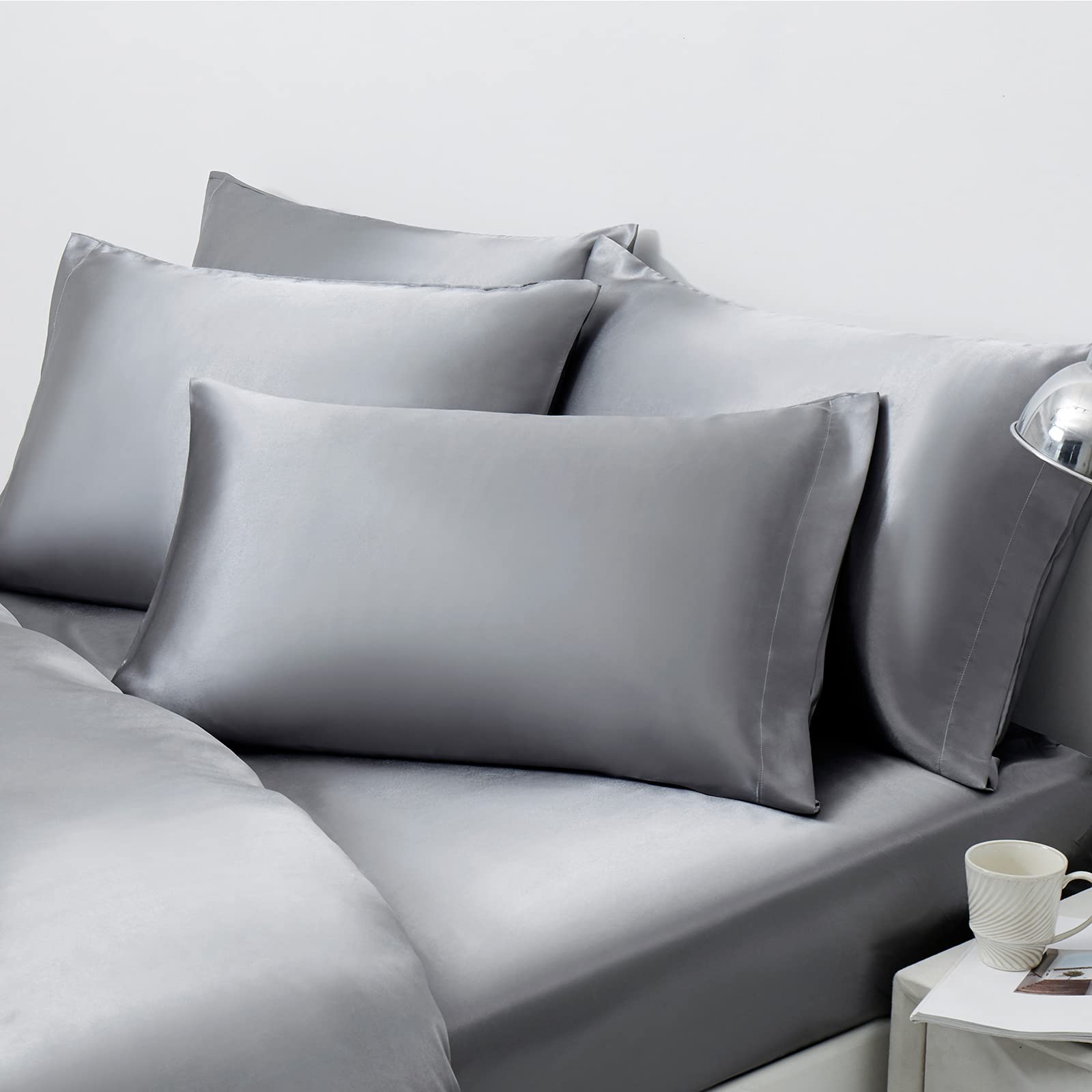 Ersmak Satin Pillowcase Queen Set of 4, Ultra Soft & Silky Satin Pillow Cases for Hair and Skin, Wrinkle Fade Resistant Pillow Covers with Envelope Closure (Grey)