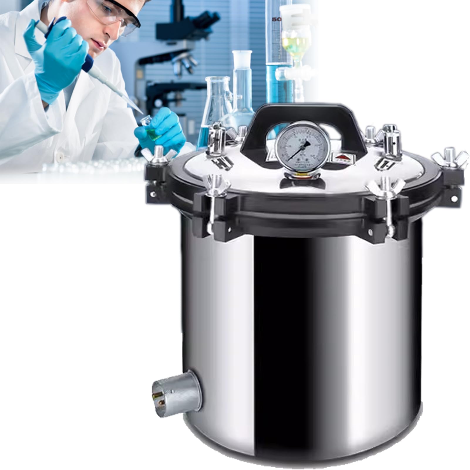 Autoclave portátil de 8/12/18/24 l con válvula de desinflado y válvula de seguridad, esterilizador de vapor de alta presión anti-quemaduras en seco de acero inoxidable para laboratorios y un