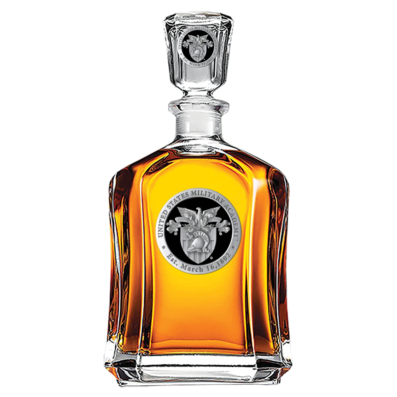 Heritage Pewter US Military Academy Crest West Point Capitol Decanter | 24 OZ Whiskey Decanter for Wine &amp; Liquor with Airtight Stopper | Expertly Crafted Pewter Glass