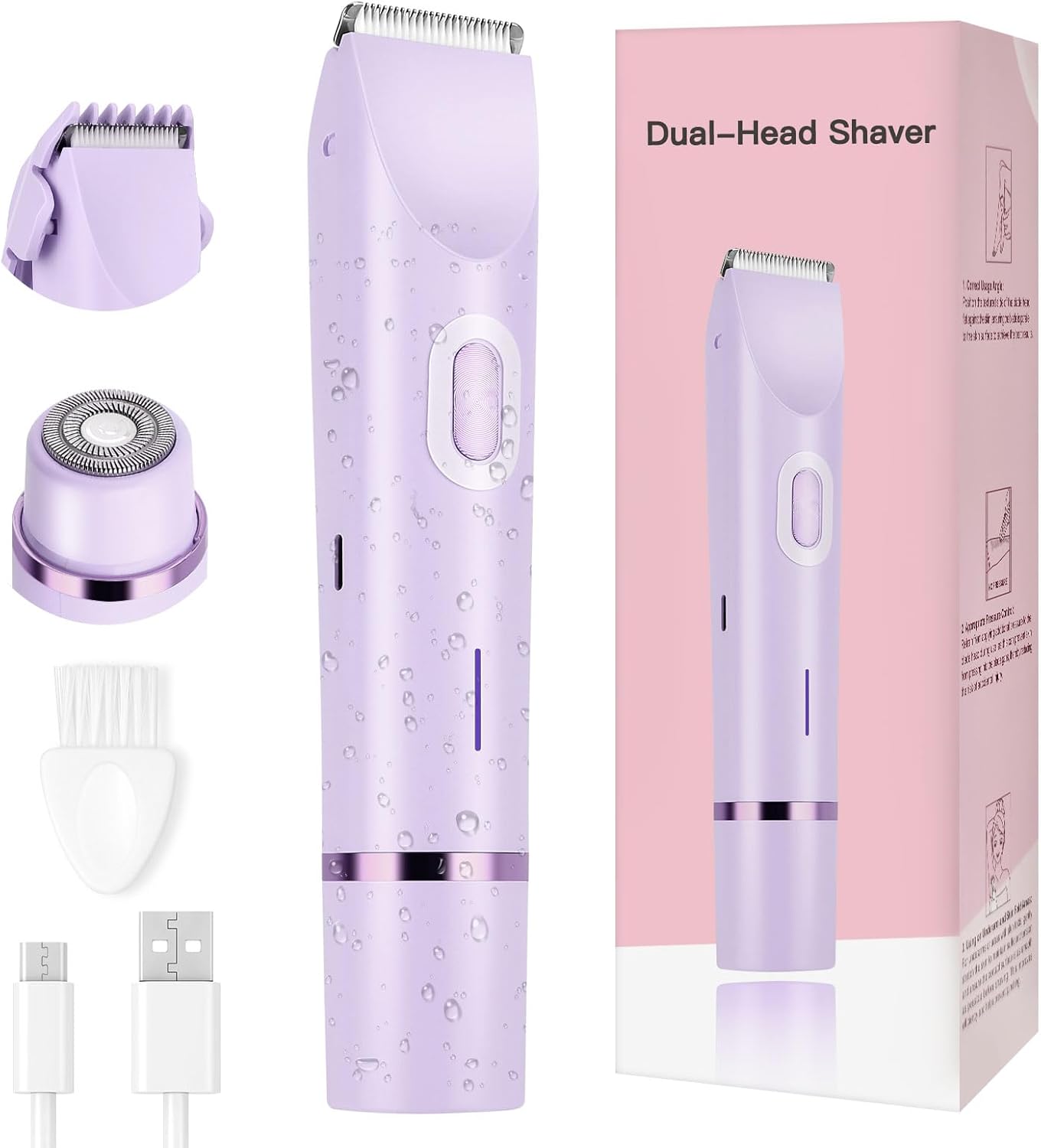 Women's Bikini Trimmer, 2-in-1 Electric Shaver for Bikini Line, Legs, Underarms, Face - Waterproof Women's Electric Shaver for Sensitive Skin, USB Rechargeable(Purple)