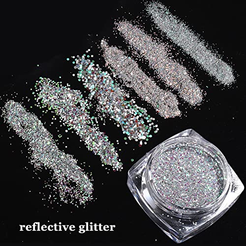 Reflective Nail Glitter Powder 6 Boxes Sparkling Diamond Glitter For Nails Iridescent Sequins Holographic Glitter Super Bright Pigment Dust Glitter Nail Art Decoration #TOP1