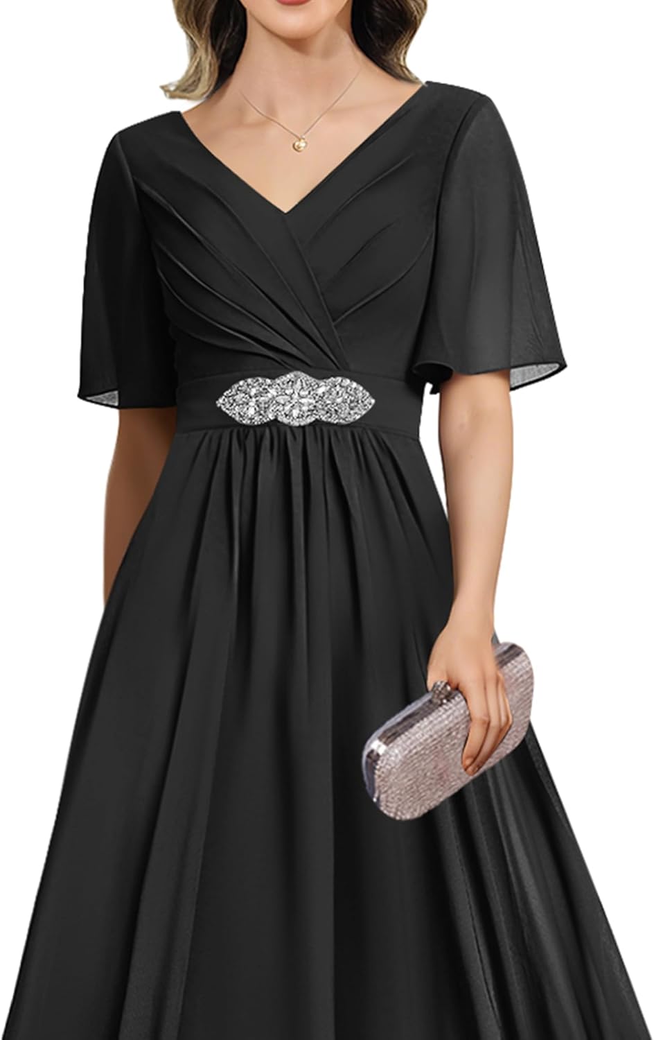 Chiffon Mother of The Bride Dresses with Sleeves for Women Sparkly Beaded Long A Line Formal Evening Gowns
