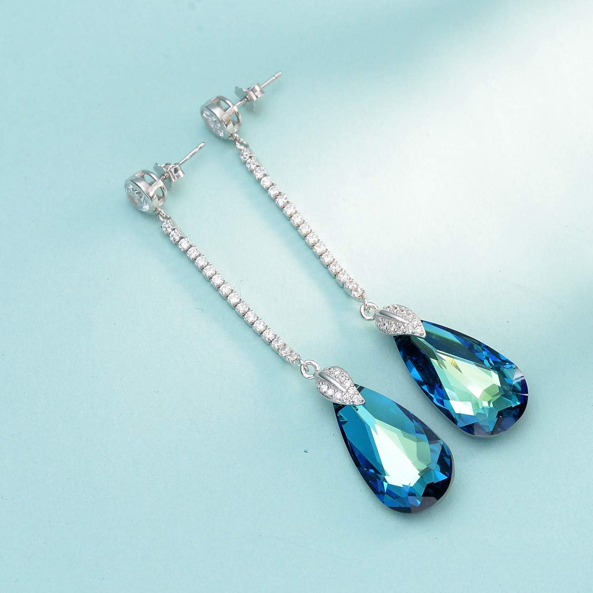 EleQueen 925 Sterling Silver CZ Teardrop Leaf Long Dangle Earrings Made with Austrian Crystal for Women, Valentine's Day/Mother's Day/Christmas Jewelry Gift - Image 3