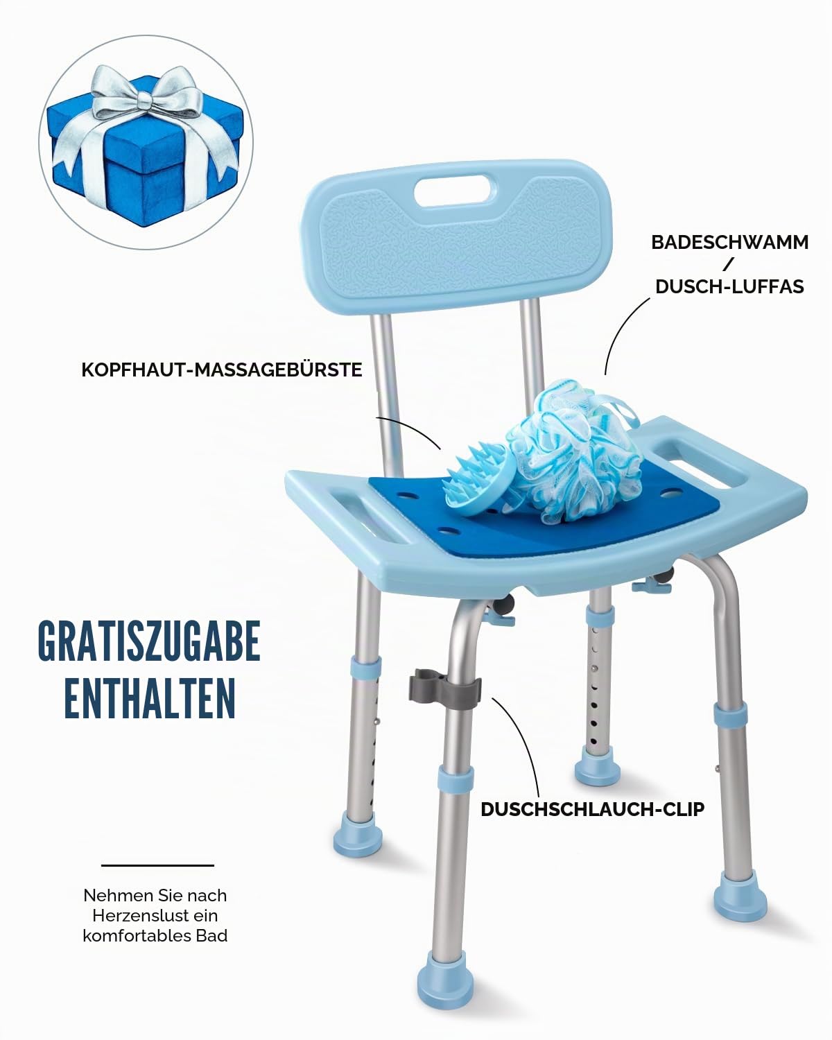 Duschhocker mit Abnehmbarer Rückenlehne, Duschstuhl für Senioren 150KG Belastbar, Höhenverstellbar 34-50cm, Aluminium Duschsitz, Badestuhl, Badehocker für Badewannen