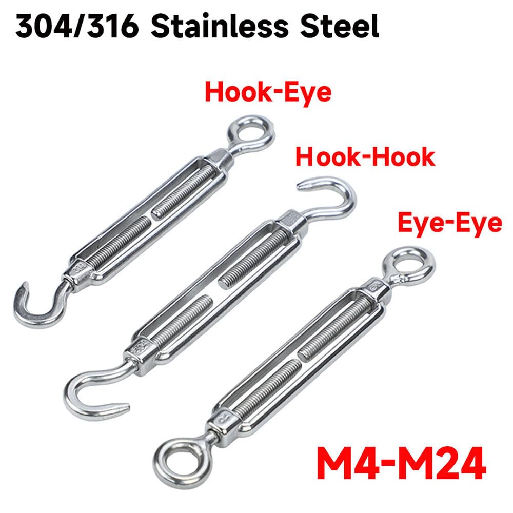 Tensor de cable con gancho y cuerda ajustable (1 pieza) for proyectos marinos, de cercado y bricolaje.(SS316 M16 Hook/Hook)