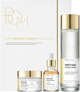 BOM Cosmetics A Set of Peptide Power Skincare with 3 Kinds of Items Toner, Ampoule, Cream, 24K Gold & Pentapeptide for Skin Collagen Boost, Smoothness and Long-Lasting Moisture, Korean Skincare