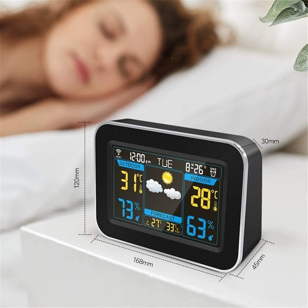 Stazione Meteo Wi-Fi |Sistema di monitoraggio remoto Interno/Esterno Mostra la Temperatura, l'umidità |Console a Colori LED Wireless con Dati previsionali (Color : Black)