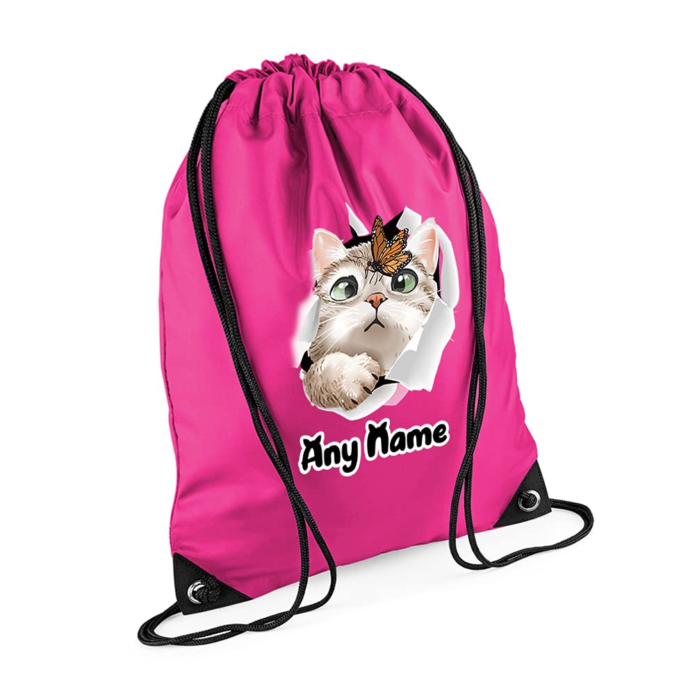 Giftme Unisex Kids Fuchsia Personalised Butterfly On Cat Face Hidden Cat Funny Kitten Cat Birthday Gift Drawstring Bag, Pe Gym Kit, Swimming Rucksack. (Fuchsia)