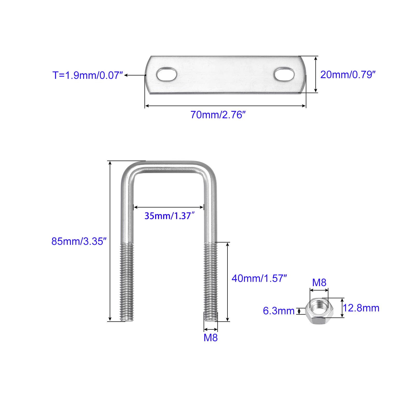 MACHSWON Square U-Bolt,2 Set 304 Stainless Steel M8 U Bolts 35mm(1.46") Inner Width 85mm Length with Nuts and Frame Plate for Automobiles Boat Trailer - Image 2
