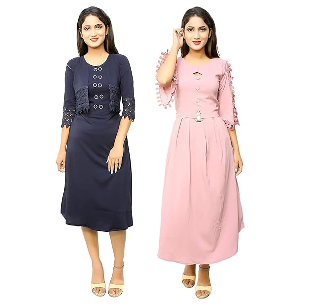 FNOCKS Girls Wear Knee Length 1 Piece Dress Combo Pack of 2