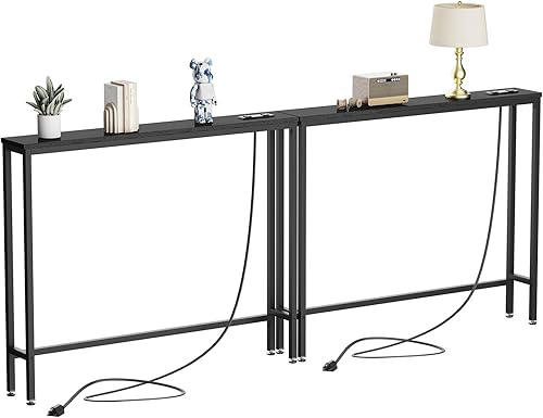 Miniatura 10 de IBUYKE TMJ061H-2 - Paquete de 2 mesas de consola angostas y largas con tomas de corriente, puertos USB, mesa de entrada industrial de madera con