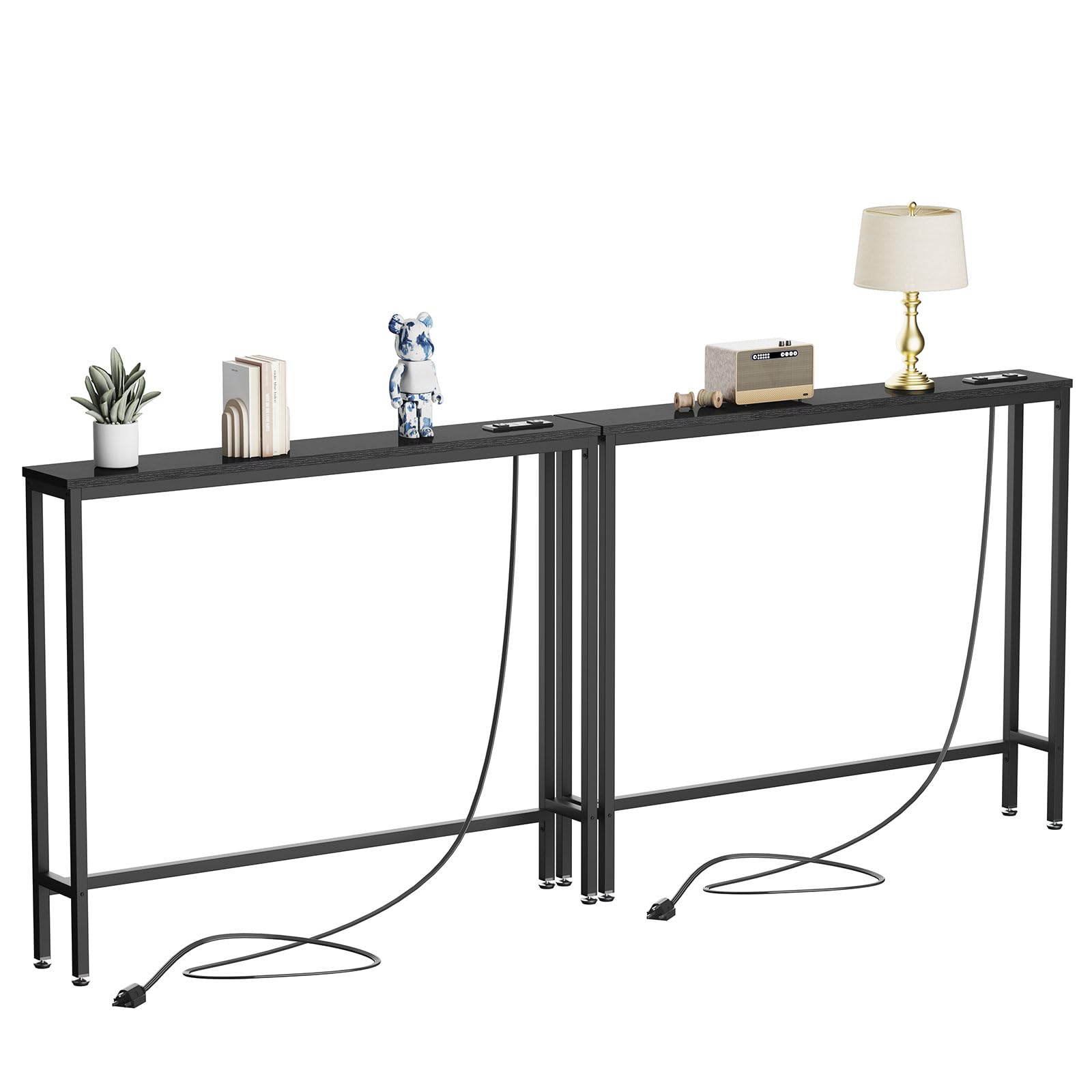 IBUYKE 2 Pack Console Table Narrow Long Sofa Table with Power Outlets USB Ports,Industrial Wooden Entry Table with Charge Station with Extension Cord,