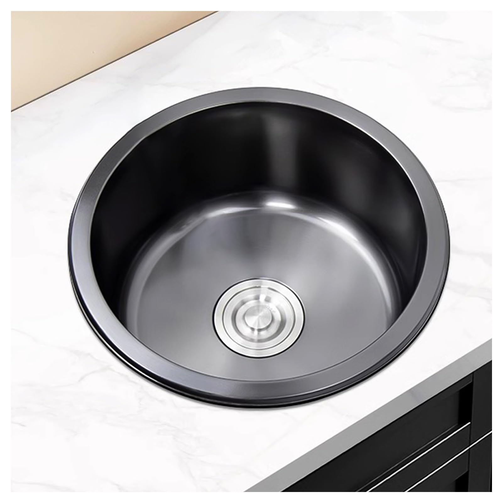ZQFHSX Black Round Bar Sink with Drain Set, Stainless Steel Small Kitchen Sink, Single Bowl Workstation for Drop in & Undermount, Wet Washing Basin Pool RV(36x36x19cm)