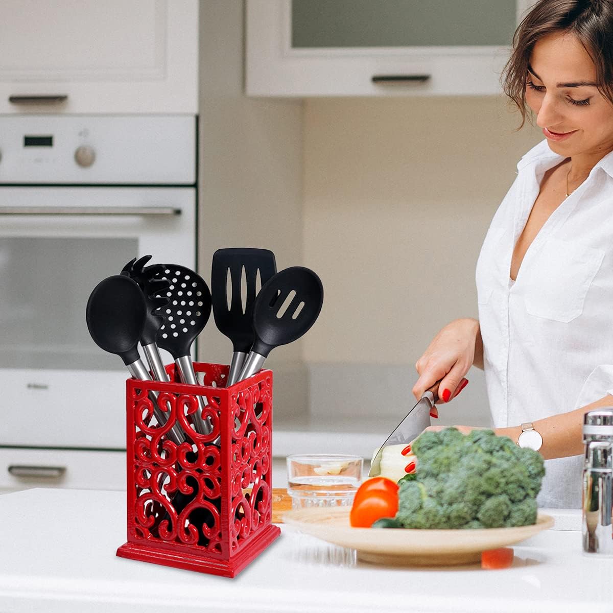 MEIGUI Decorative Kitchen Utensil Holder, Vintage Utensil Crock Large Cooking Utensils Holder for Countertop, Red Utensil Holder : Home & Kitchen