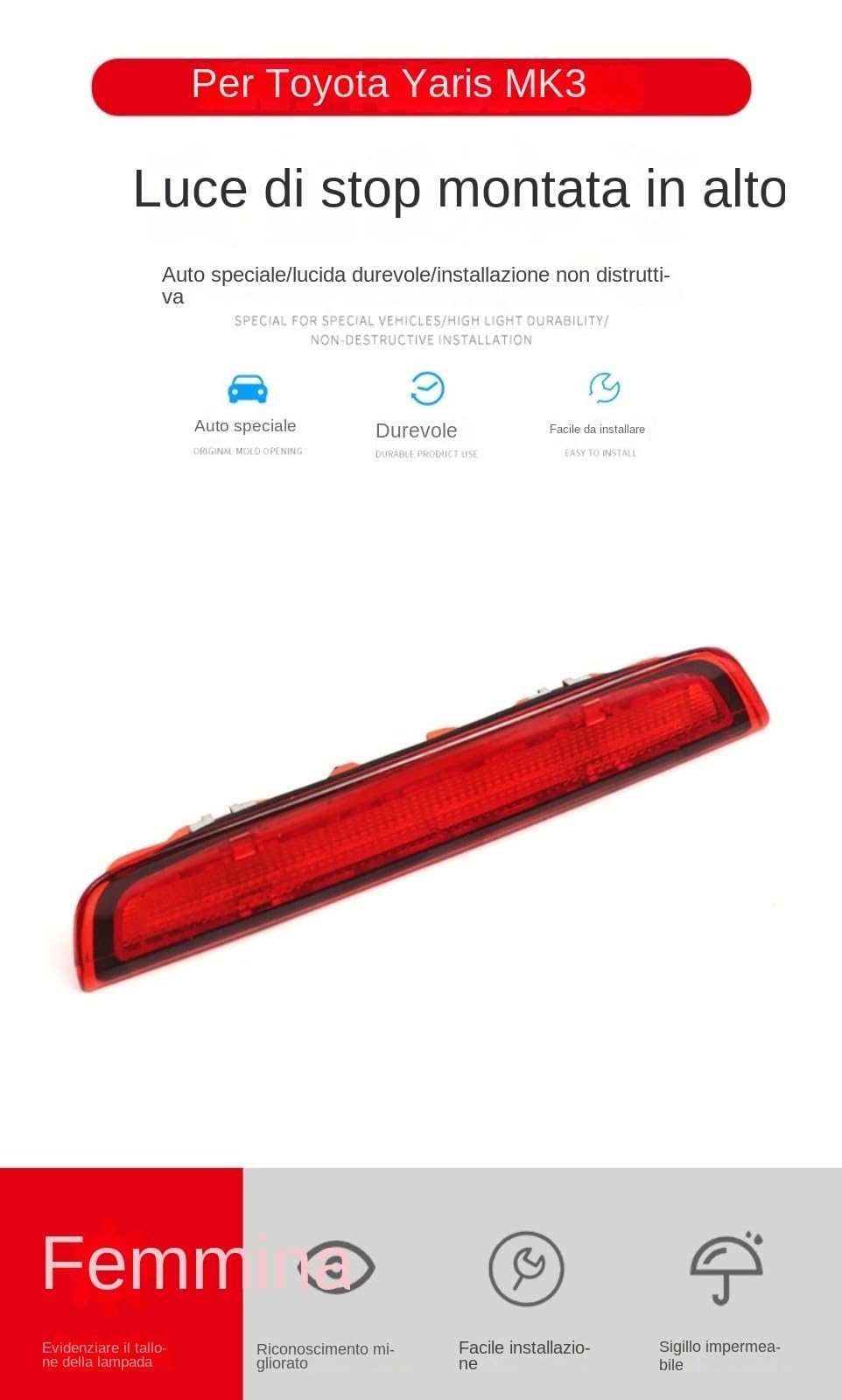 Feu de Stop Arrière pour Toyota Yaris 2012-2020 Troisième Feu Stop LED Signalisation avec Montage Haut Ajoute pour Frein Arrière, Haut, Arrière