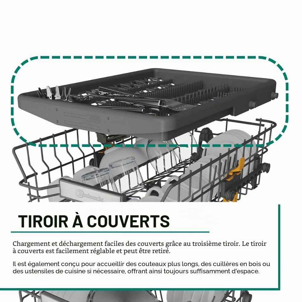 Bauknecht BK6IC11BS7LA0 Lave-vaisselle entièrement intégré (45 cm), ActiveDry, programme capteur, PowerClean, tiroir à couverts, programme d'hygiène, protection complète de l'eau, lumière sur sol