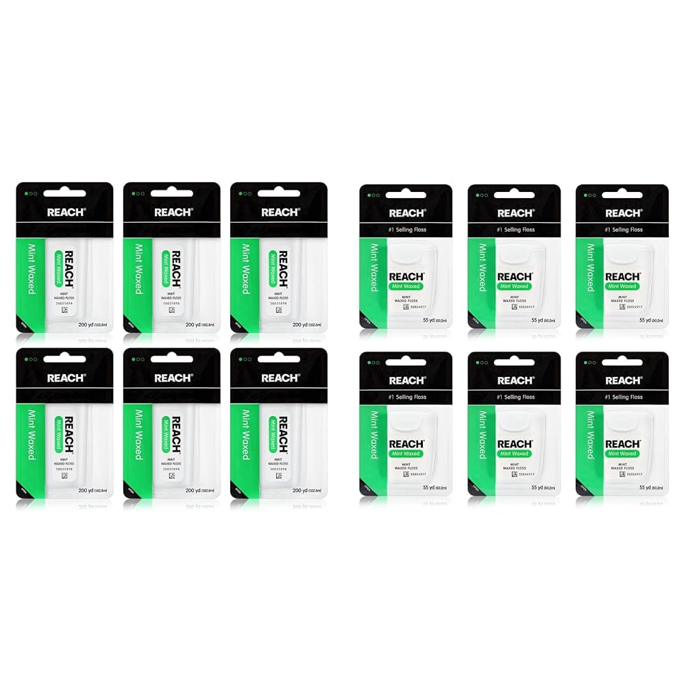Reach Waxed Dental Floss Bundle with Mint Flavored 200 YD 6pk and 55 YD 6pk