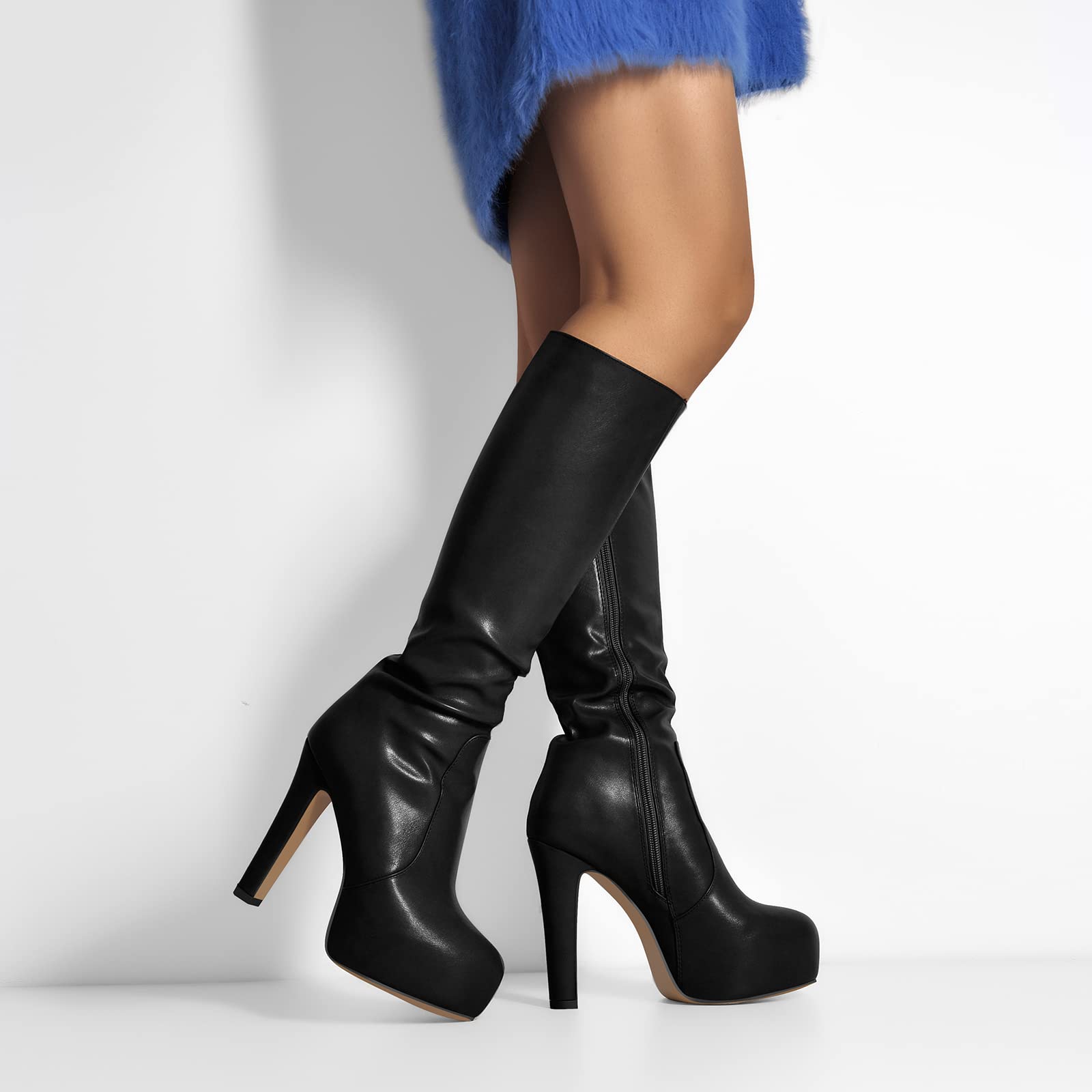 MissHeel Botas de plataforma Botas largas Tacón bloque Punta redonda Tacones altos