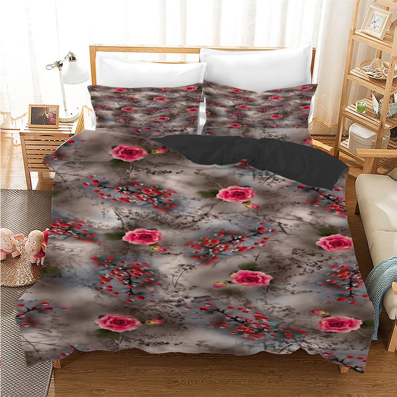Housse de couette 160x200抗皱易打理微纤维灰色花卉被套三件套