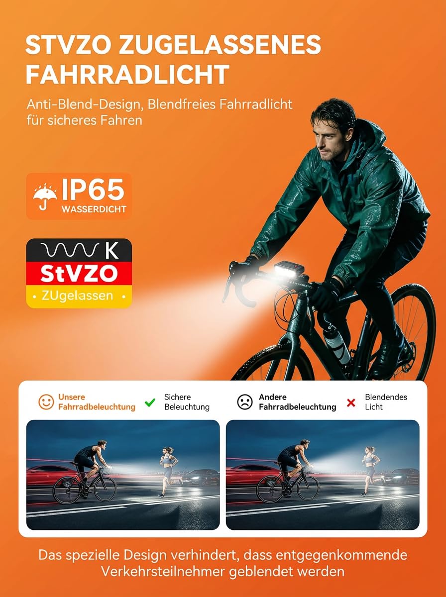 Fahrradlicht Set mit StVZO Zulassung, 3 LED Frontlicht Blendfrei & Rücklicht mit Bremslichtfunktion, USB-C Aufladbar, IP65 Wasserdicht, Halterung Kompatibel mit GoPro & Fahrradcomputer für MTB E-Bike