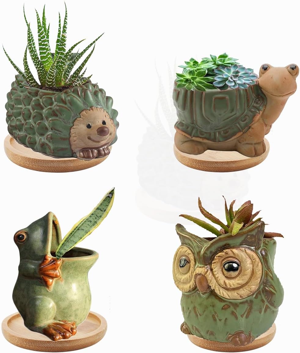 4pcs Green Animal Shaped Planter Small Succulent Pot Small Succulent Pots with Drainage, Ceramic Animal Planter, Indoor Plant Container Planter with Drainage Hole Home Office Desk Garden Gift