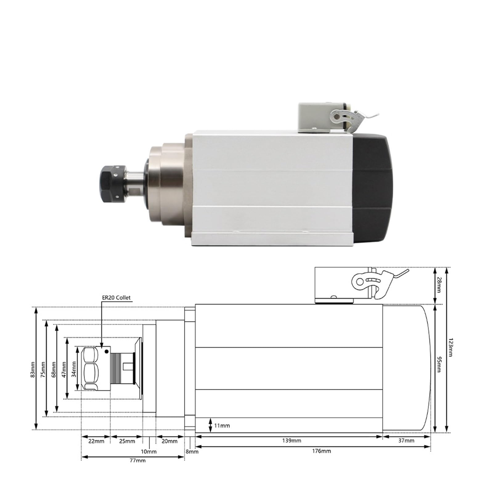 KACOME 1.5KW ER20 air-Cooled Spindle Motor (Square Spindle) with mounting Flange and 4 PCS Ball Bearings