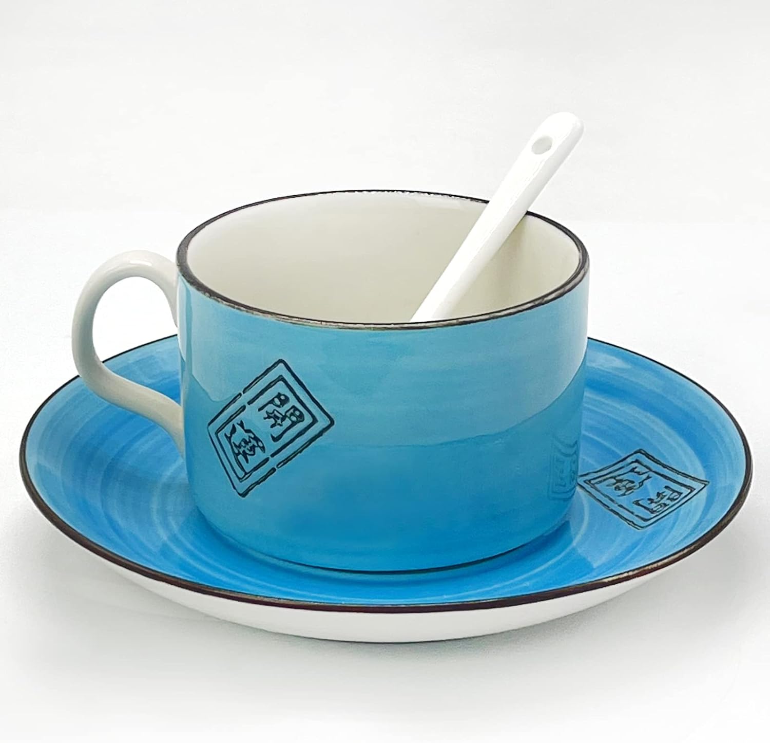 fengshuisale Fortune Cat Coffee Cup Japanese Traditional Lucky Cat Element Coffee Cup with Cup Plate Cute Coffee Cup,2 pcs a set (Blue)