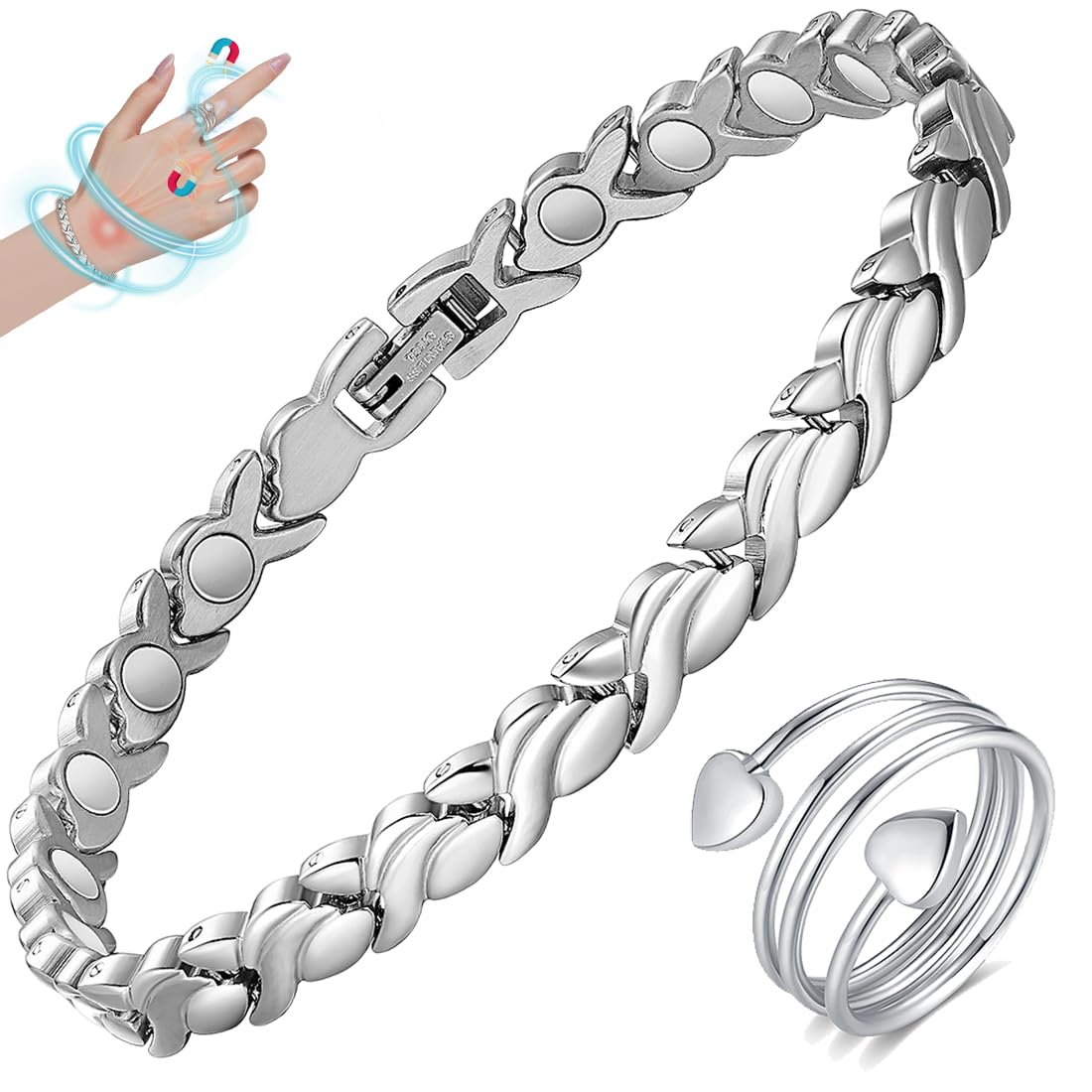 Cigmag Magnetic Bracelet for Women Titanium Steel Bracelet & Copper Ring with Strength Magnets Waterproof Adjustable Tool (Fishtail)