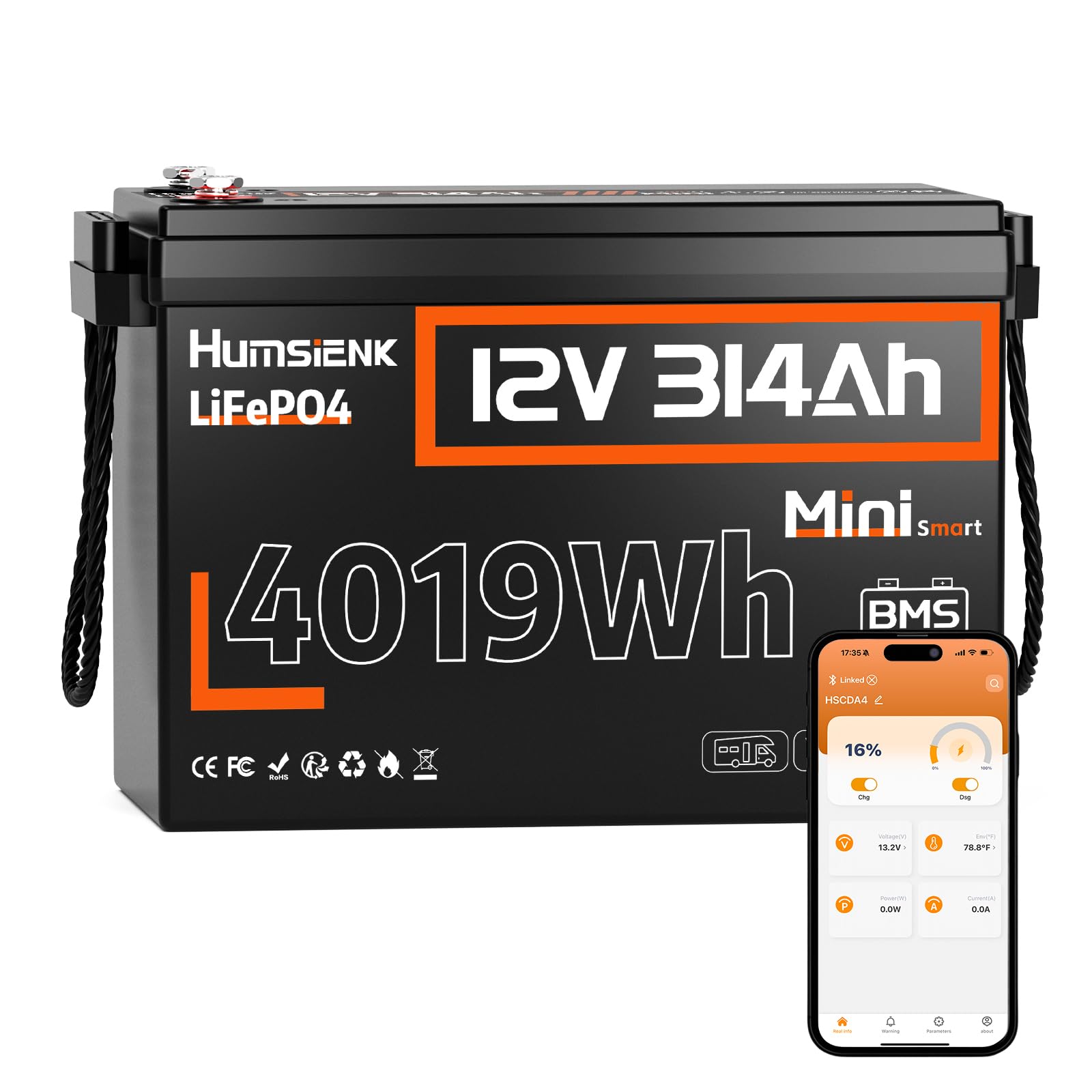 Humsienk Batería Litio LiFePO4 12V 314Ah con Bluetooth, 4019Wh, 200A BMS con Protección de Baja Temperatura, hasta 6000 Ciclos, Batería Recargable para Autocaravana, Barco, Placa Solar y Caravana