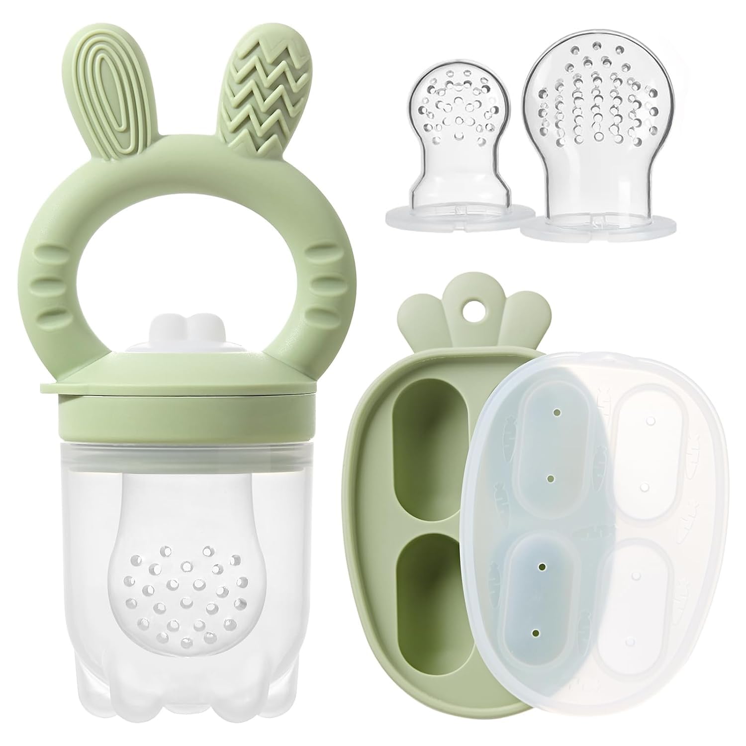 2 Packs Silicone Baby Fruit Feeder with Freezer Nibble Tray Combo, Baby Fresh & Frozen Food Feeder Popsicle Molds Includes Extra Food Pouches (Green)