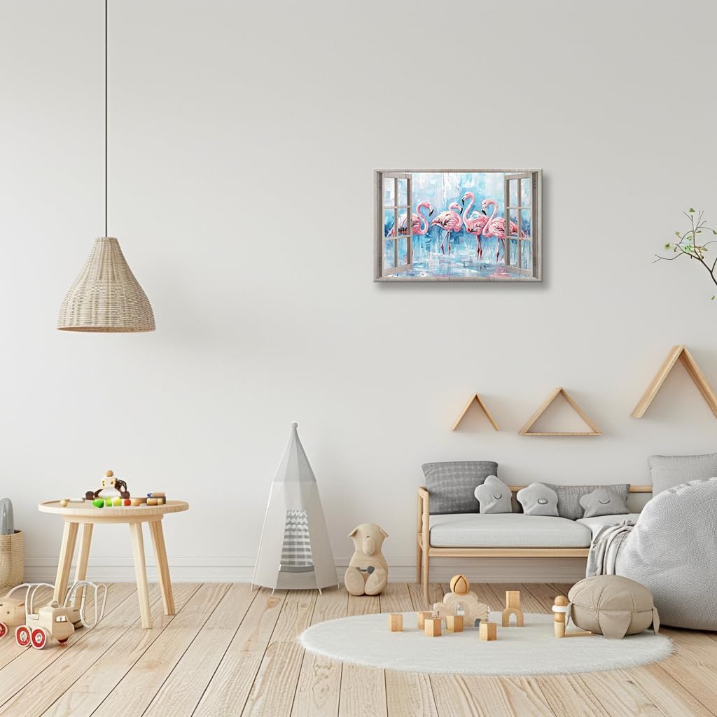 Lnzinro Flamingo Wall Art Bird Pictures Wall Decor Poster Framed Cute Animal Canvas Prints, Vintage Outside The Window Flamingo Poster for Room Decor 12x18 inches