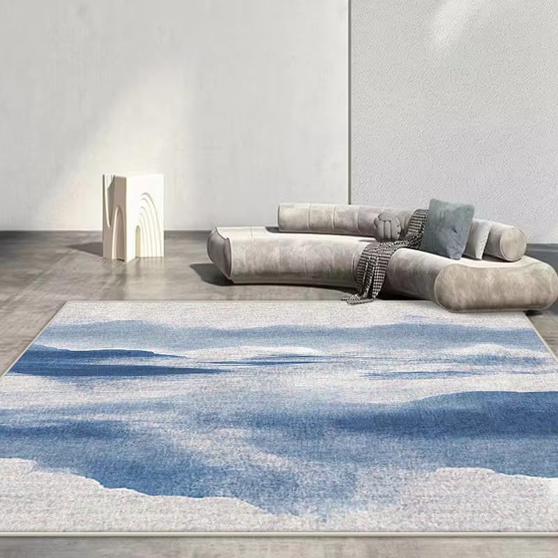 Tapis abstrait nordique antidérapant lavable pour canapé et salon bleu
