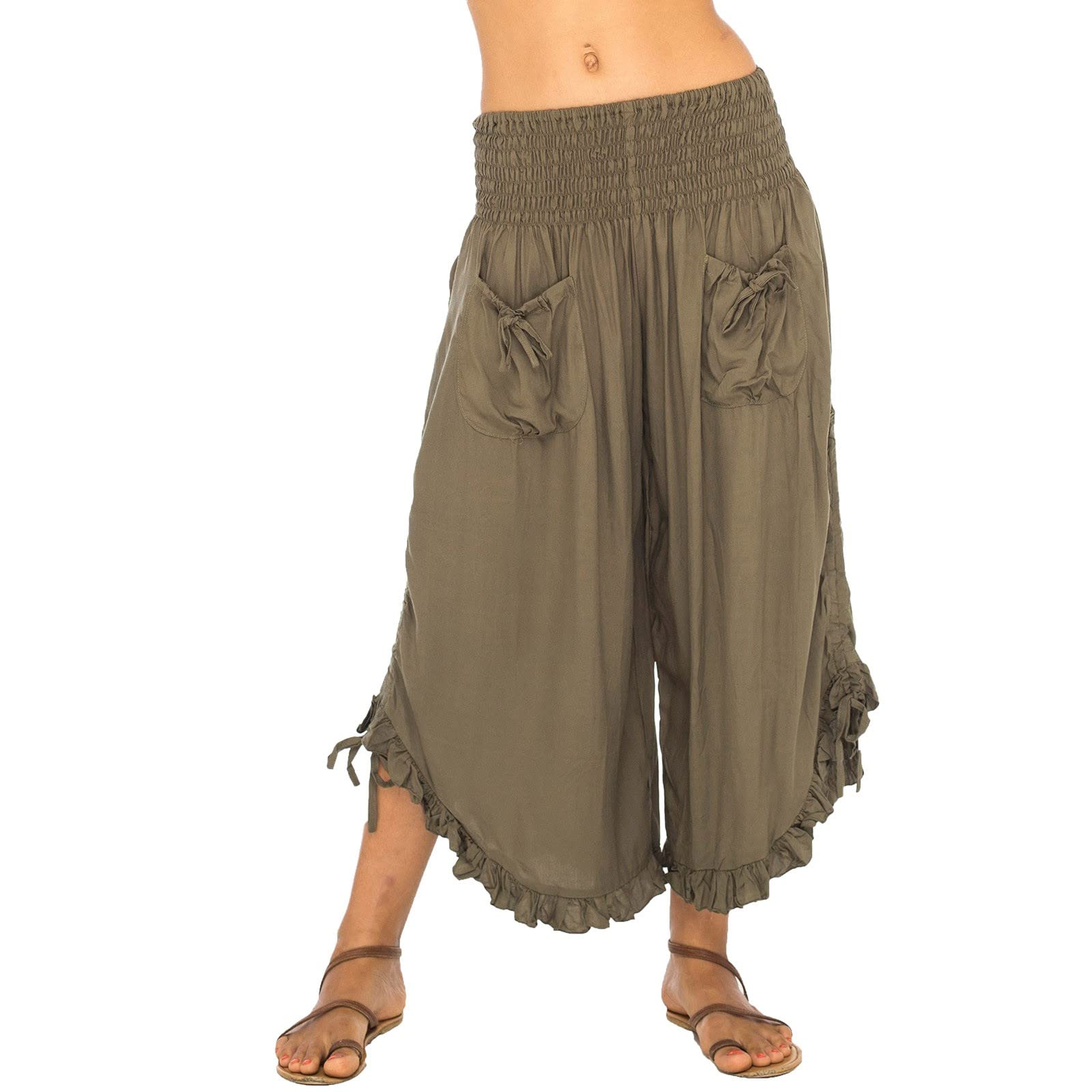 womens wide leg cropped trousers smocked waist adjustable tied ruffle hem boho capri pants plus size flowy gaucho pants