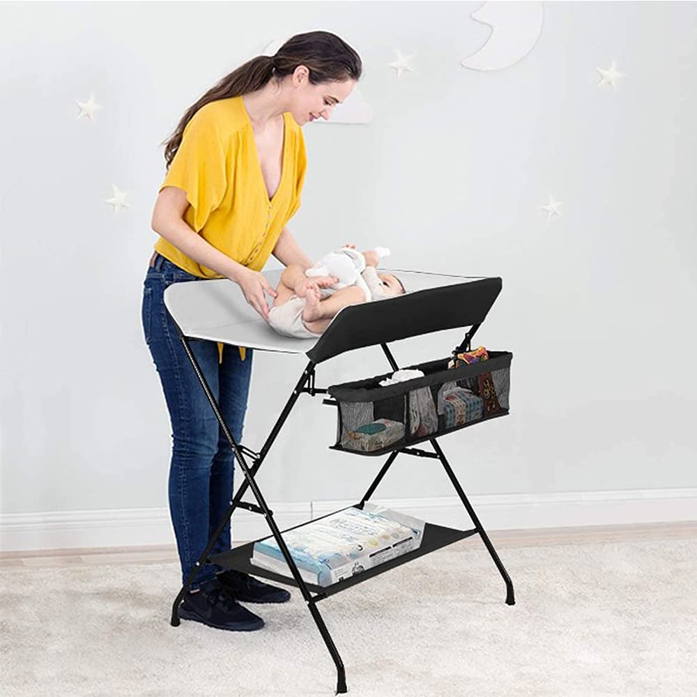 Mueble Cambiador Bebe Plegable y Portátil, Cambiador con 4 Ruedas, Patrón de Jirafa, Ajuste de Altura, 80 * 66 * 92-98cm (B-blanco y negro)