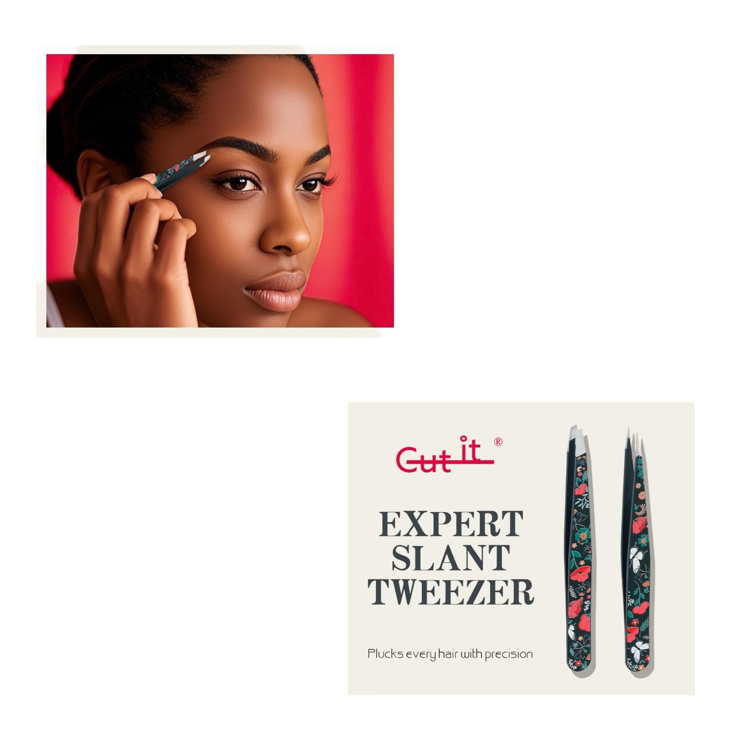 Juego de 2 pinzas de precisión para cejas puntiagudas e inclinadas con estuche de viaje, pinzas profesionales de acero inoxidable para depilación facial y encarnada, depiladora y removedor de pelo
